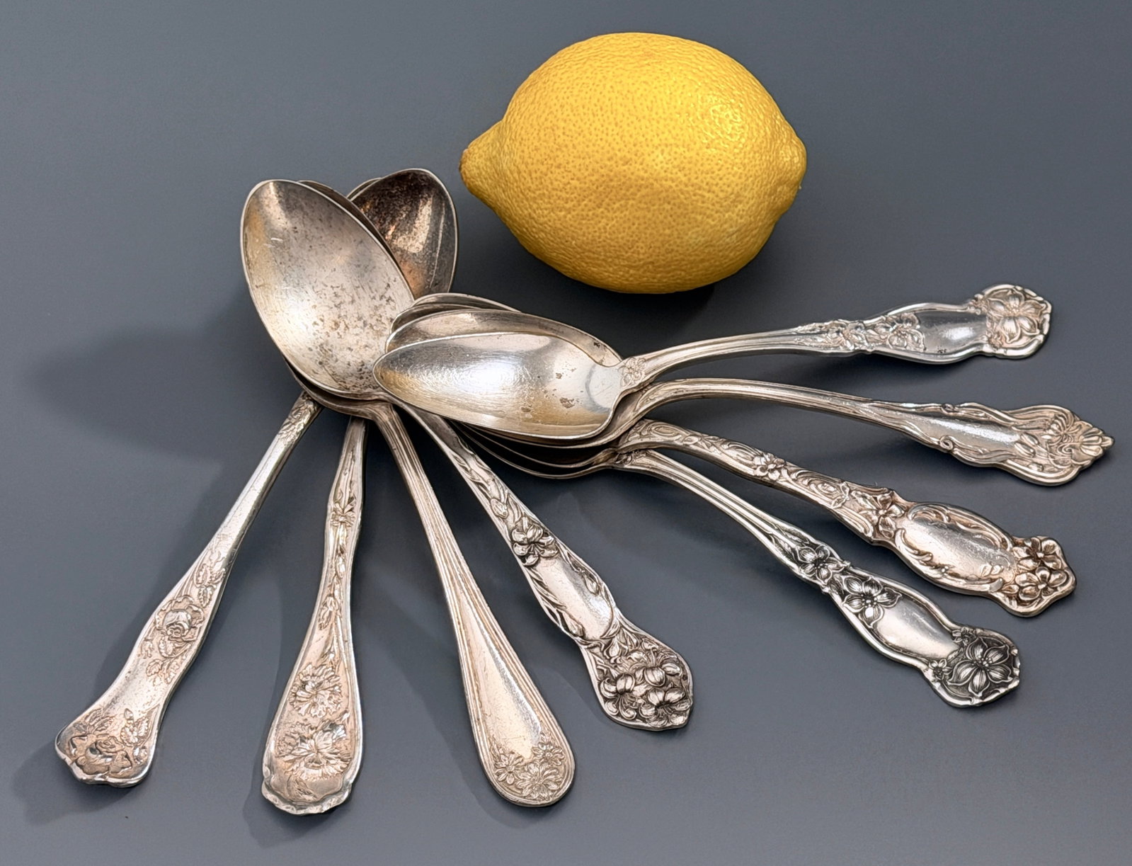 Art Nouveau Flowers Antique American Silver Plate Floral Repousse Teaspoons Mixed Lot Set of 8 for: Art Nouveau Flowers Antique American Silver Plate Floral Repousse Teaspoons Mixed Lot Set of 8 for Craft Jewelry Art Projects Sold As Is Approximately 5 7/8 - 6 inches.