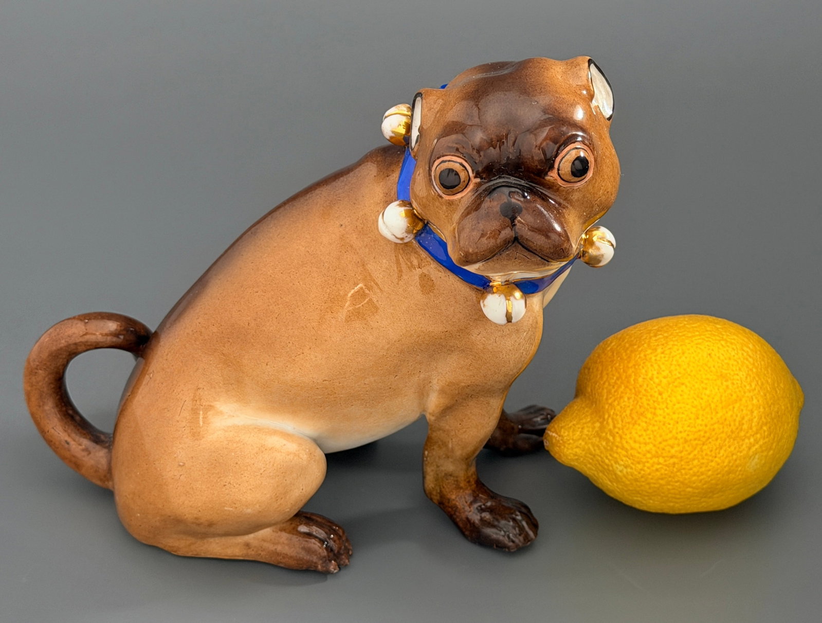 Antique German Meissen Style Porcelain Pug Dog Figurine Blue Collar Gold Bells (1 of 7)