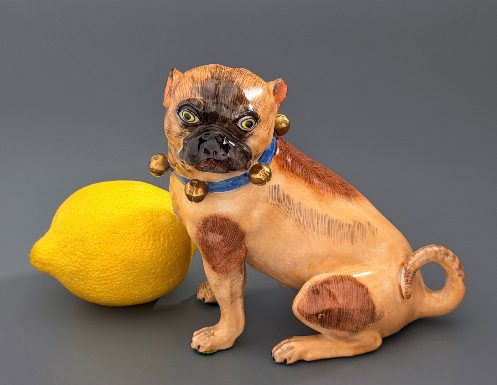 Antique Dresden Porcelain Seated Pug Dog Figurine Bell Collar Monogram Mark (1 of 8)