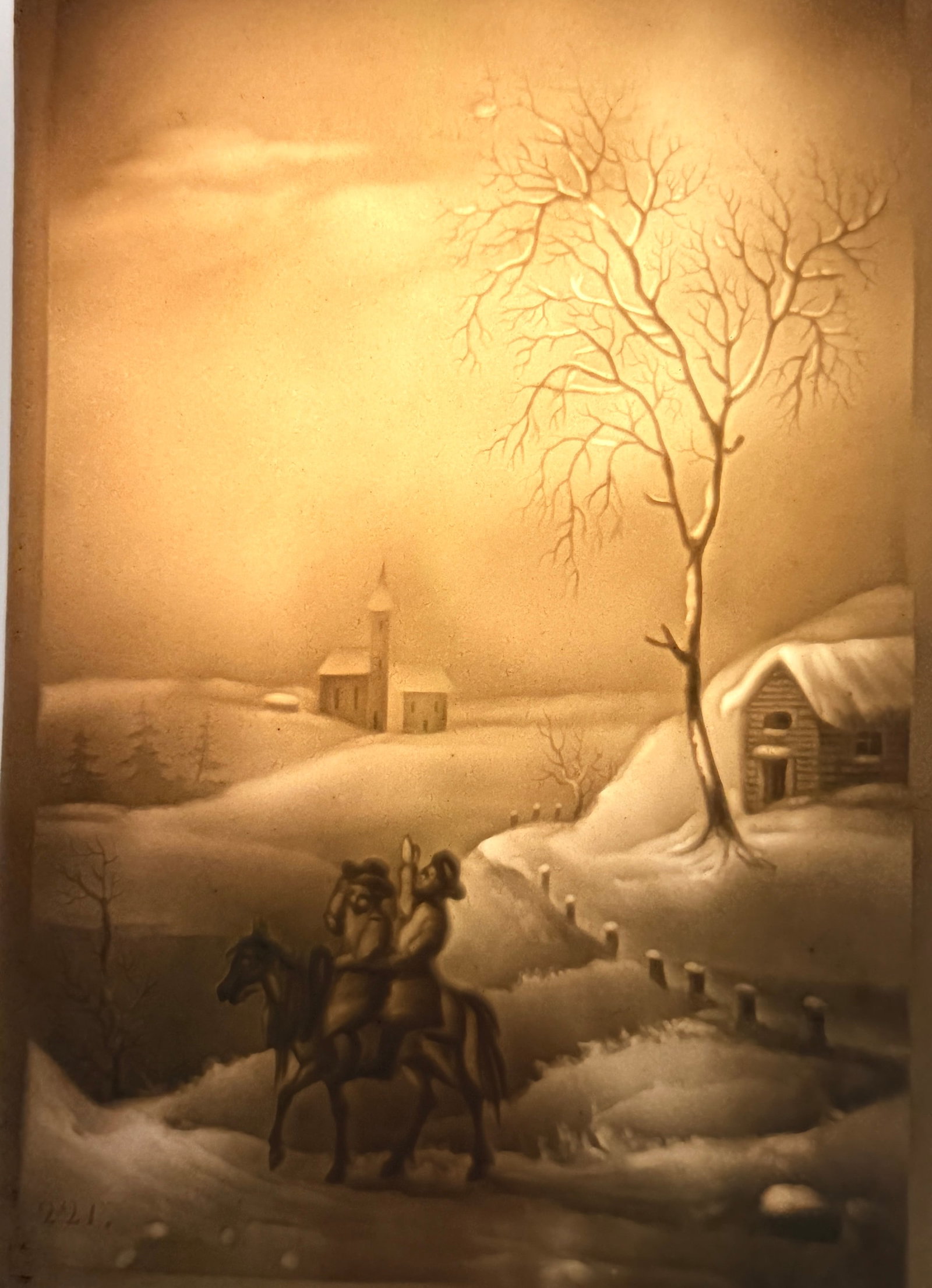 Antique German Porcelain Lithophane Plaque Semi Circular Lunette Panel Winter Landscape Travelers (1 of 5)