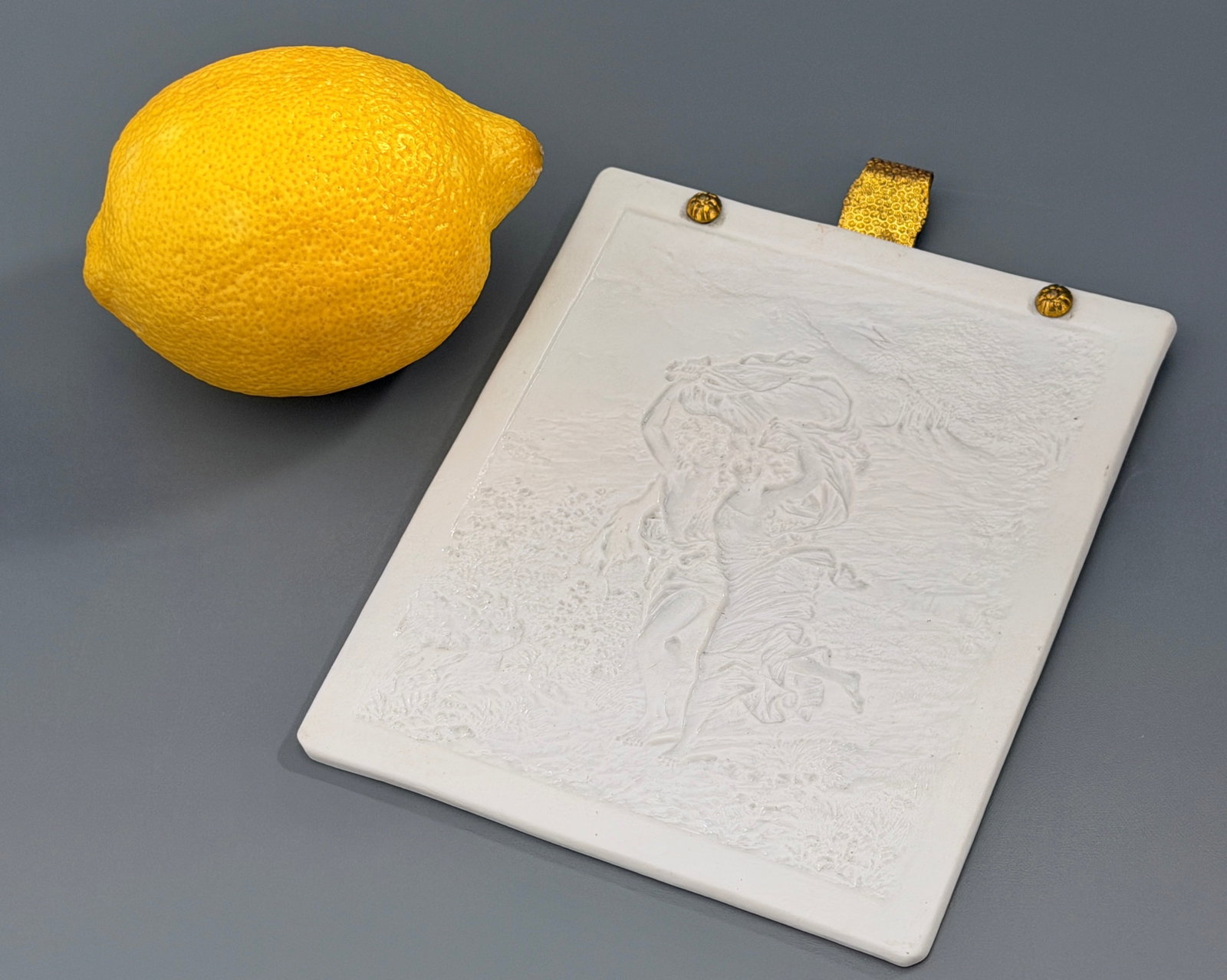 Antique French Porcelain Lithophane Plaque PARIS DEPOSE The Storm Pierre Auguste Cot Le Orage 19th: Antique French Porcelain Lithophane Plaque PARIS DEPOSE The Storm Pierre Auguste Cot Le Orage 19th Century Approximately 4 5/8 x 3 7/8 inches.(Excluding top metal hanger clip)