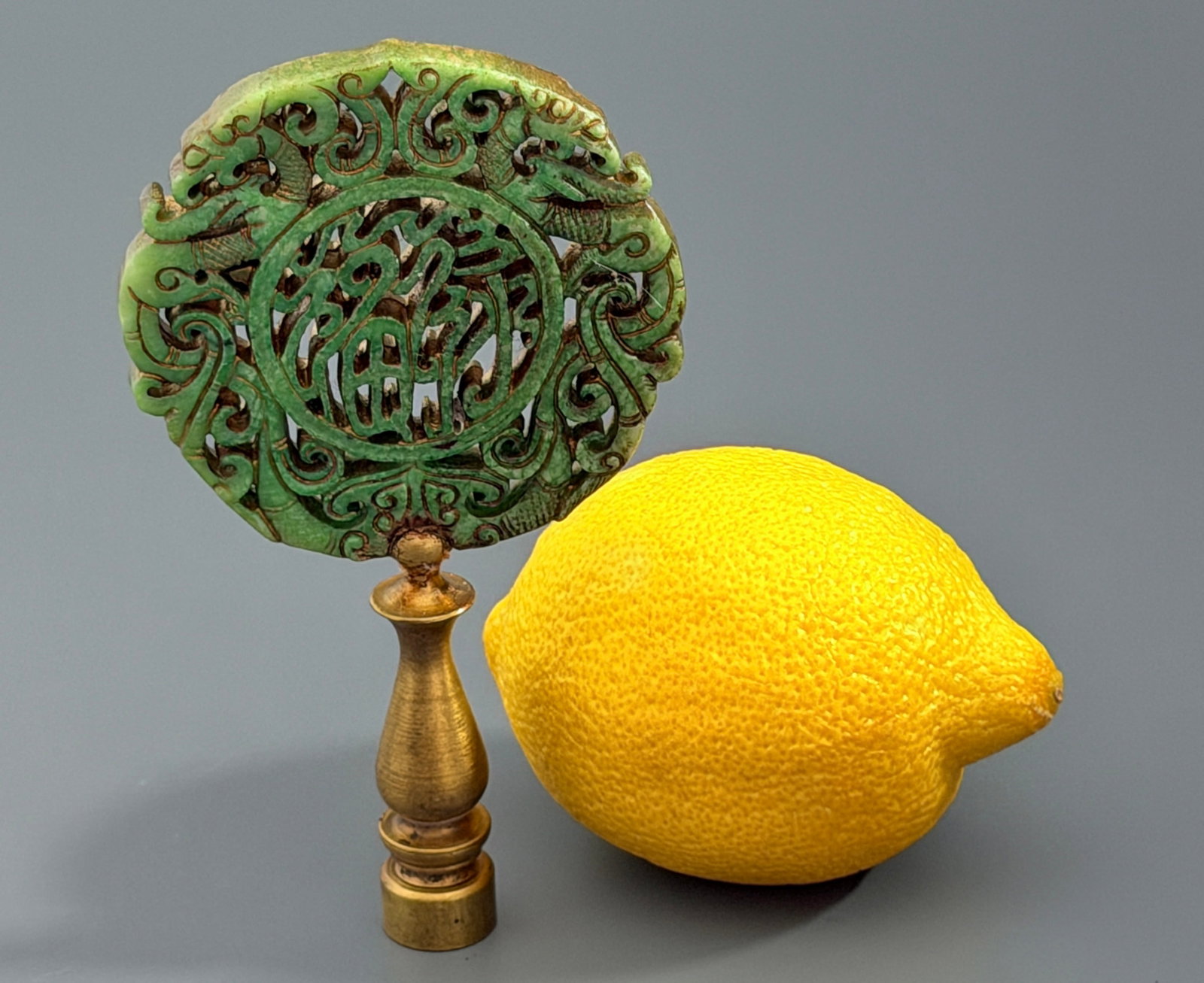 Antique Chinese Carved Green Stone Glass Bi Disc Dragon Lamp Finial Brass Base standard 1/8 IP pipe (1 of 7)