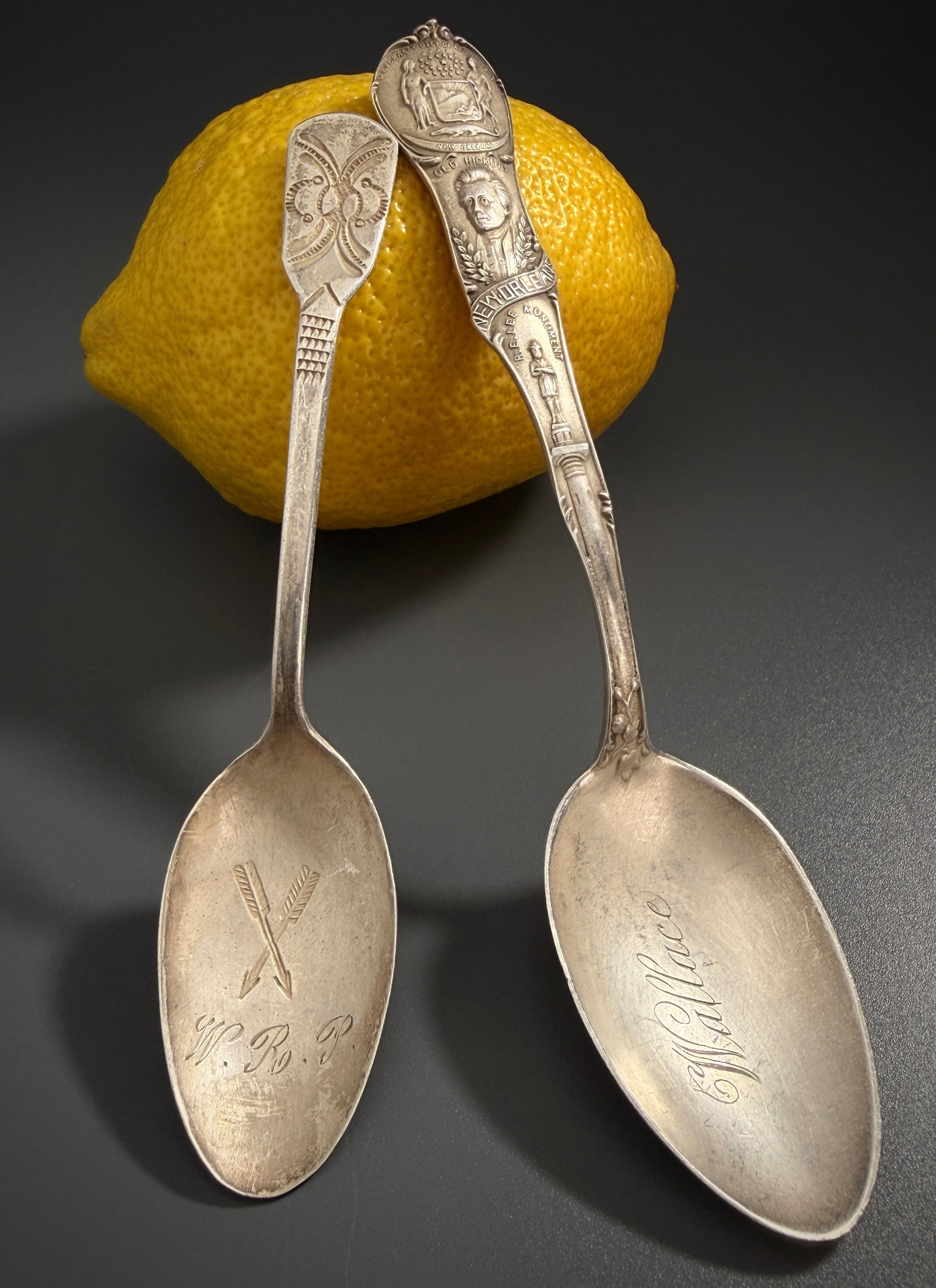 Antique Gorham Sterling Silver Souvenir Spoon New Orleans Louisiana City Seal R.E. Lee Monument: Antique Gorham Sterling Silver Souvenir Spoon New Orleans Louisiana City Seal R.E. Lee Monument Jackson Monument Engraved Wallace and Unmarked Probably Coin Silver Hand Forged Geometric Motif Spoon wi