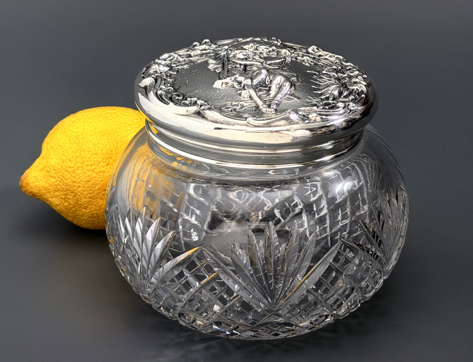 Antique Foster & Bailey Sterling Silver Cut Glass Lovers On A Swing Jar Box (1 of 8)