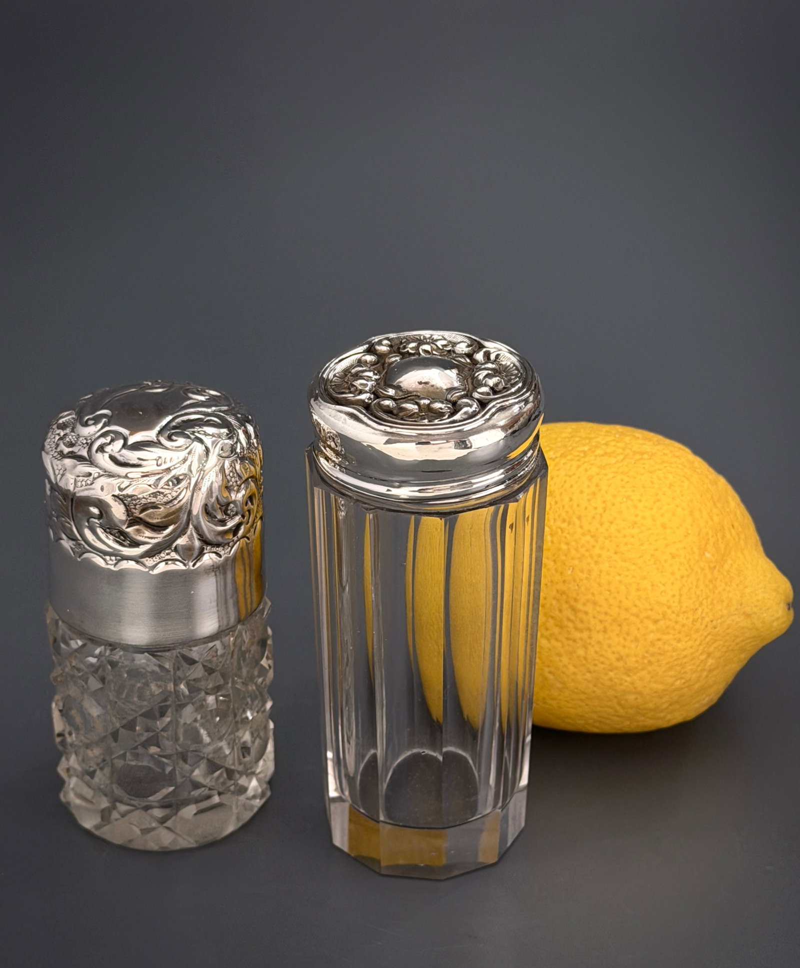 Antique Victorian Diamond Cut Glass Bottle Jar Repousse Threaded Cap & Decagon Ten Sided Toiletry (1 of 6)
