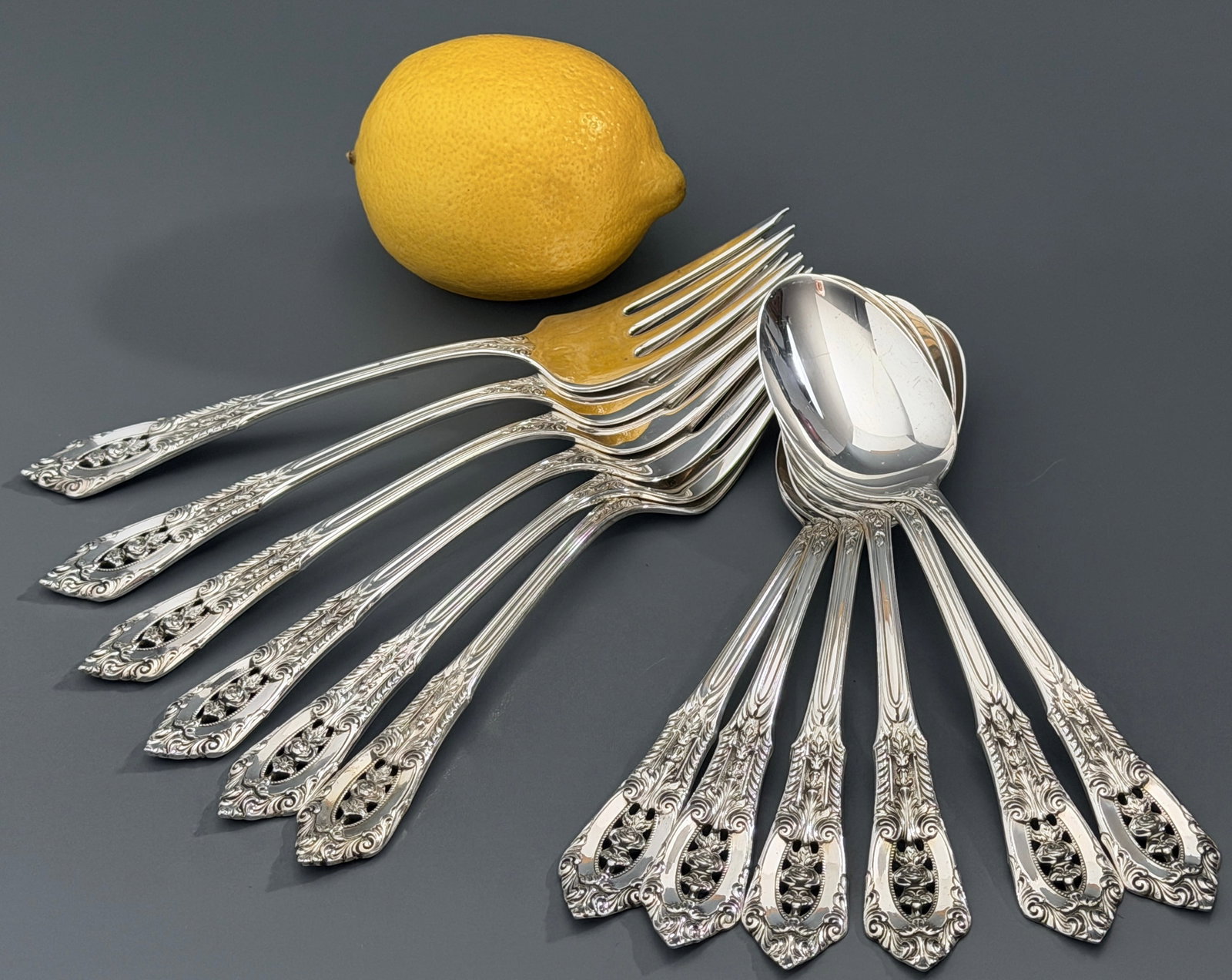 Sterling Silver Wallace Flatware 370 Grams Rose Point Pattern Tea Spoons Dessert Forks 925: Sterling Silver Wallace Flatware 370 Grams Rose Point Pattern Tea Spoons Dessert Forks 925 Unmonogrammed Solid Silver. Identical to Lot # 198. Six Cream or Tea Spoons and Six Salad or Dessert Forks th