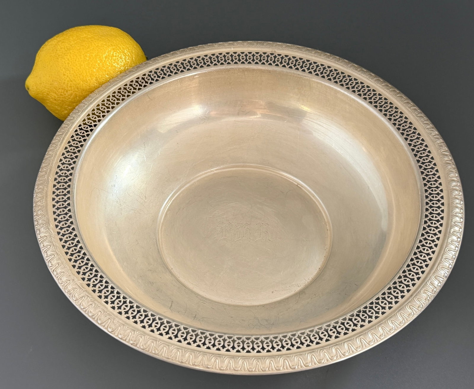 Sterling Silver Pierced Basket American Silver Co Antique Centerpiece Bowl Early 20th Century B M R: Sterling Silver Pierced Basket American Silver Co Antique Centerpiece Bowl Early 20th Century B M R Monogram in Old English Script Hallmarked A.C.S. Co. for American Silver Co. and Stamped STERLING Ap