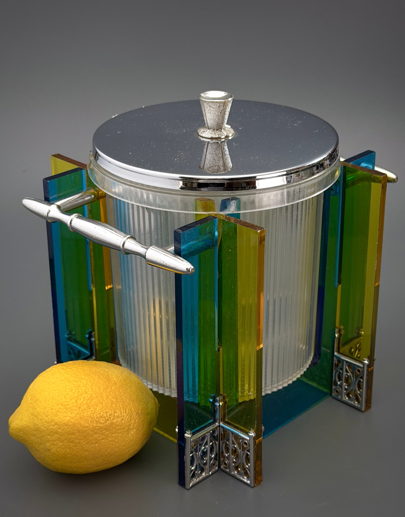 Vintage Art Deco Style Polychrome Lucite Acrylic Chrome Ice Bucket Biscuit Barrel (1 of 7)