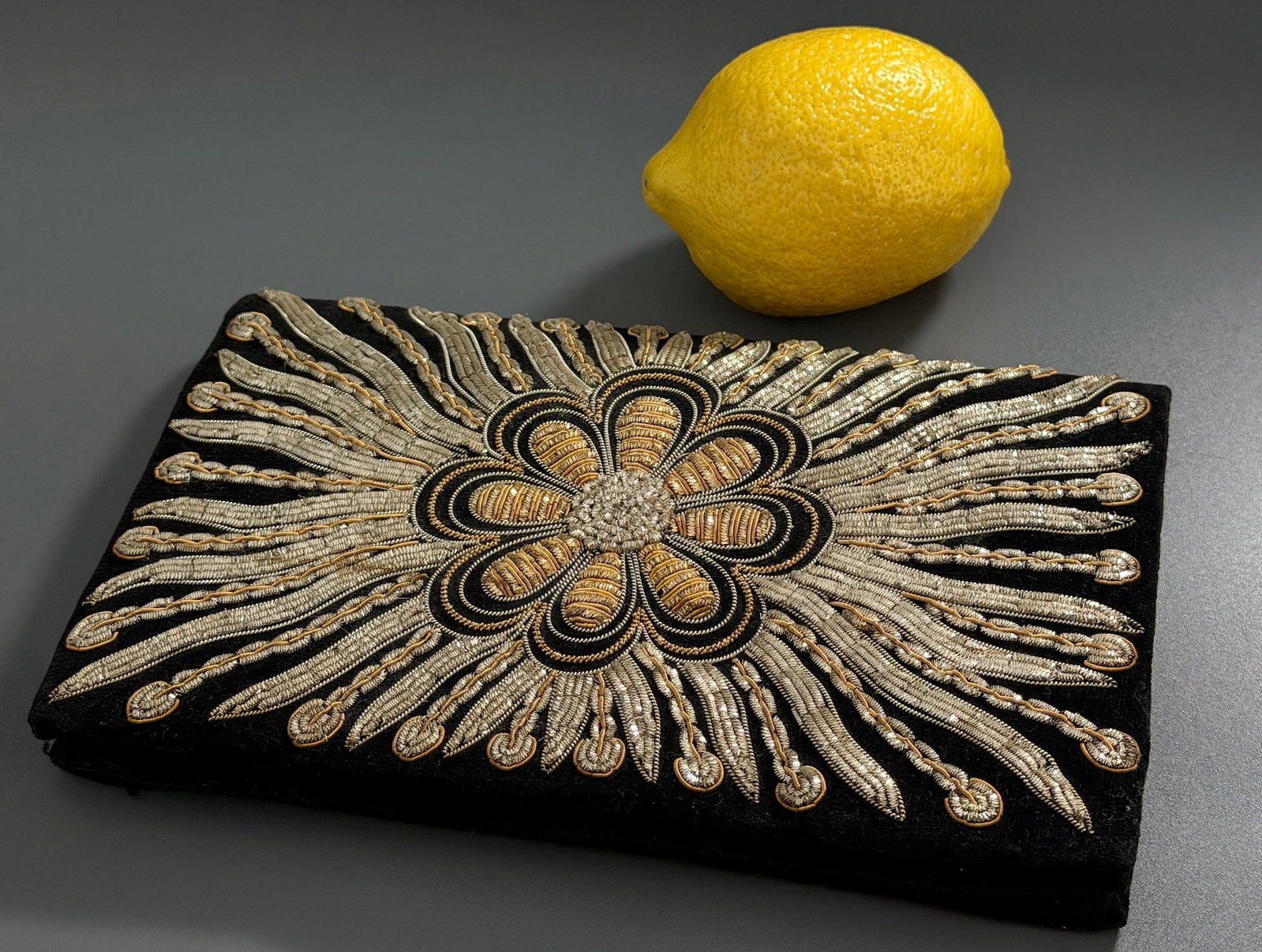 Gold Silver Bullion Metallic Thread Embroidery Black Velvet Clutch Evening Bag Purse: Gold Silver Bullion Metallic Thread Embroidery Black Velvet Clutch Evening Bag Purse Approximately 4 7/8 x 8 inches.