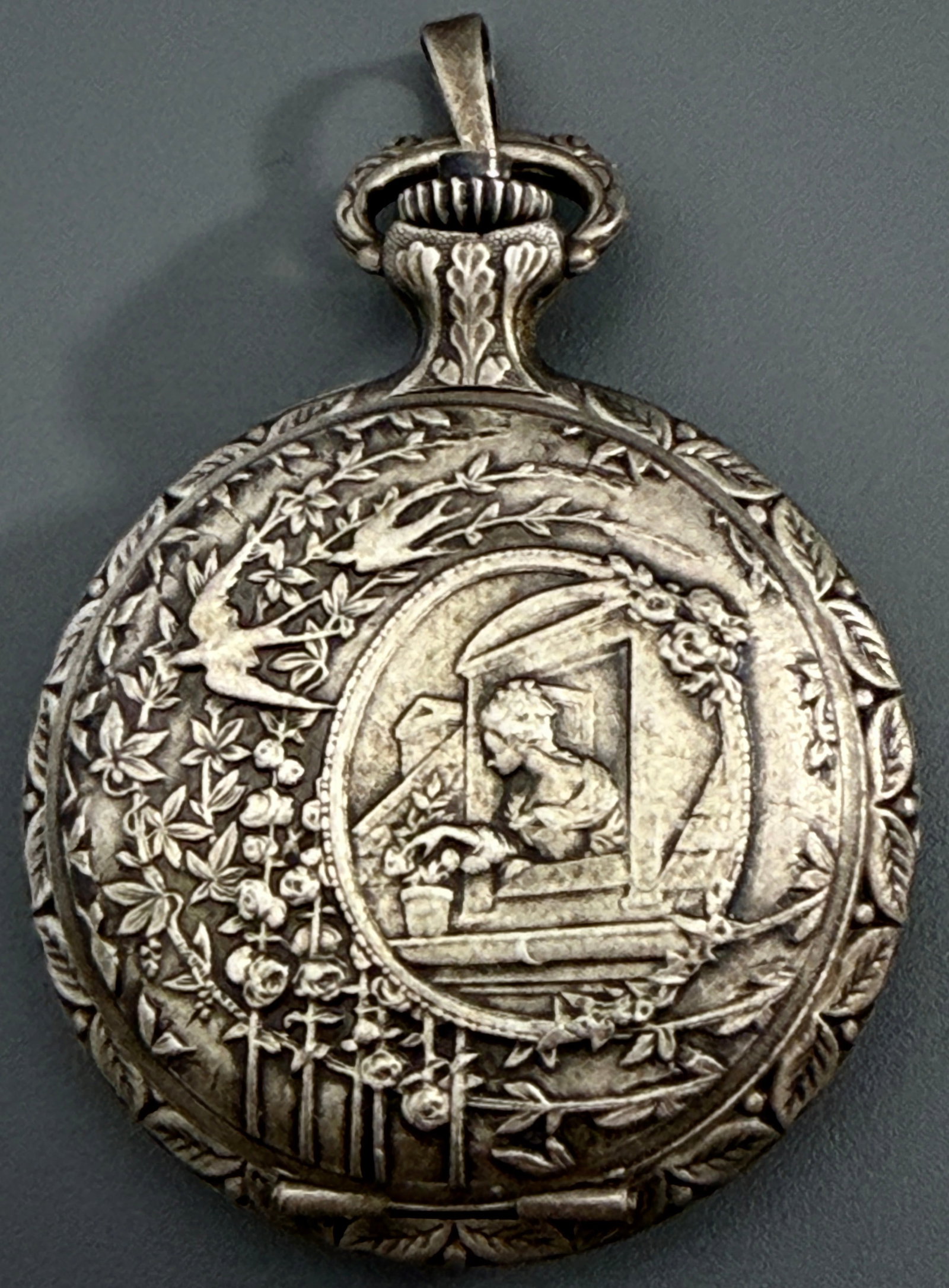 Swiss Watch Victorian Lady At Window Swallow Bird Art Nouveau Style Hunting Case Pendant Pocket (1 of 6)