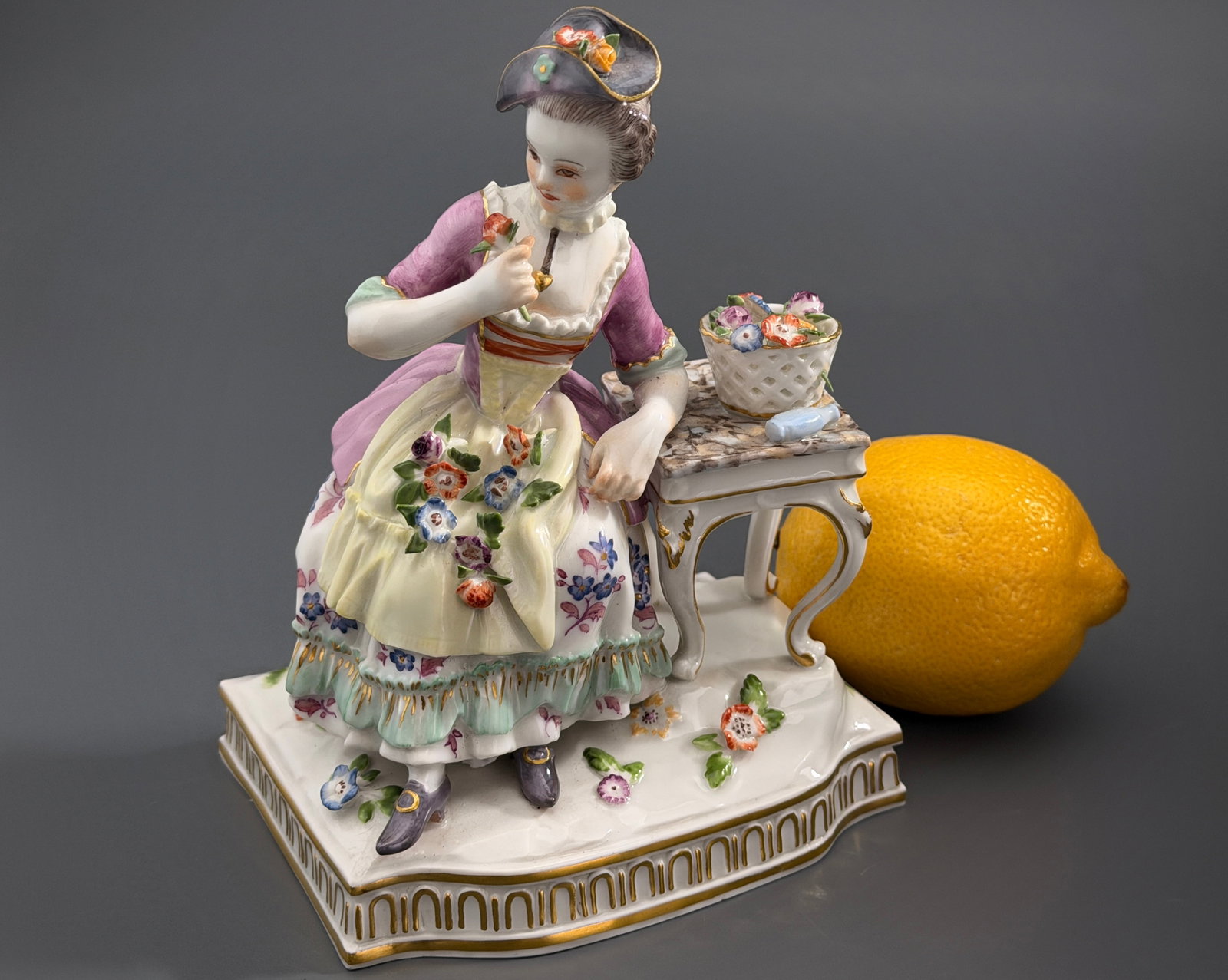 Antique Meissen Allegory of Smell Figurine Porcelain Lady Sitting At Table With Flower Basket German (1 of 11)
