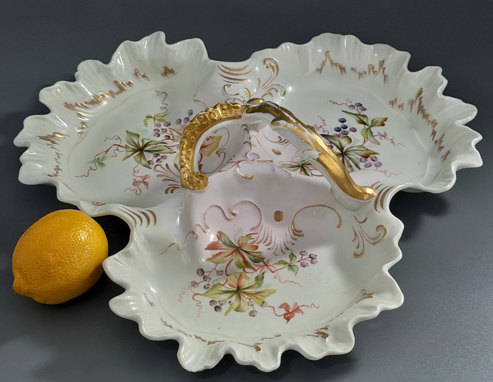 Serving Porcelain Dish Three Section Divided Leaf Bowl Hand Painted Botanical Designs Center Handle (1 of 8)