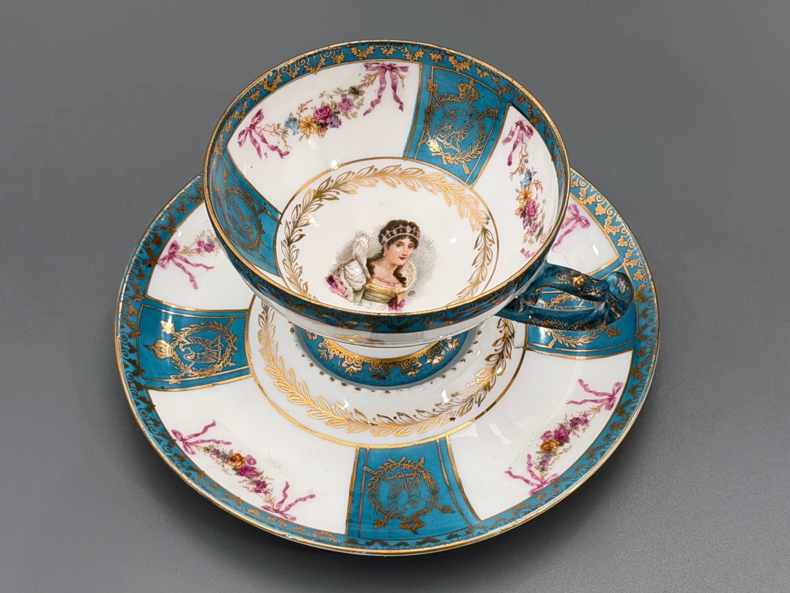 Antique ES Prussia Saxe Porcelain Napoleon Josephine Sevres Style Cup Saucer Set Erdmann: Antique ES Prussia Saxe Porcelain Napoleon Josephine Sevres Style Cup Saucer Set Erdmann Schlegelmilch Suhl Thuringia Germany Empress Josephine Portrait Emperor Napoleon Bonaparte Imperial Crowned N C