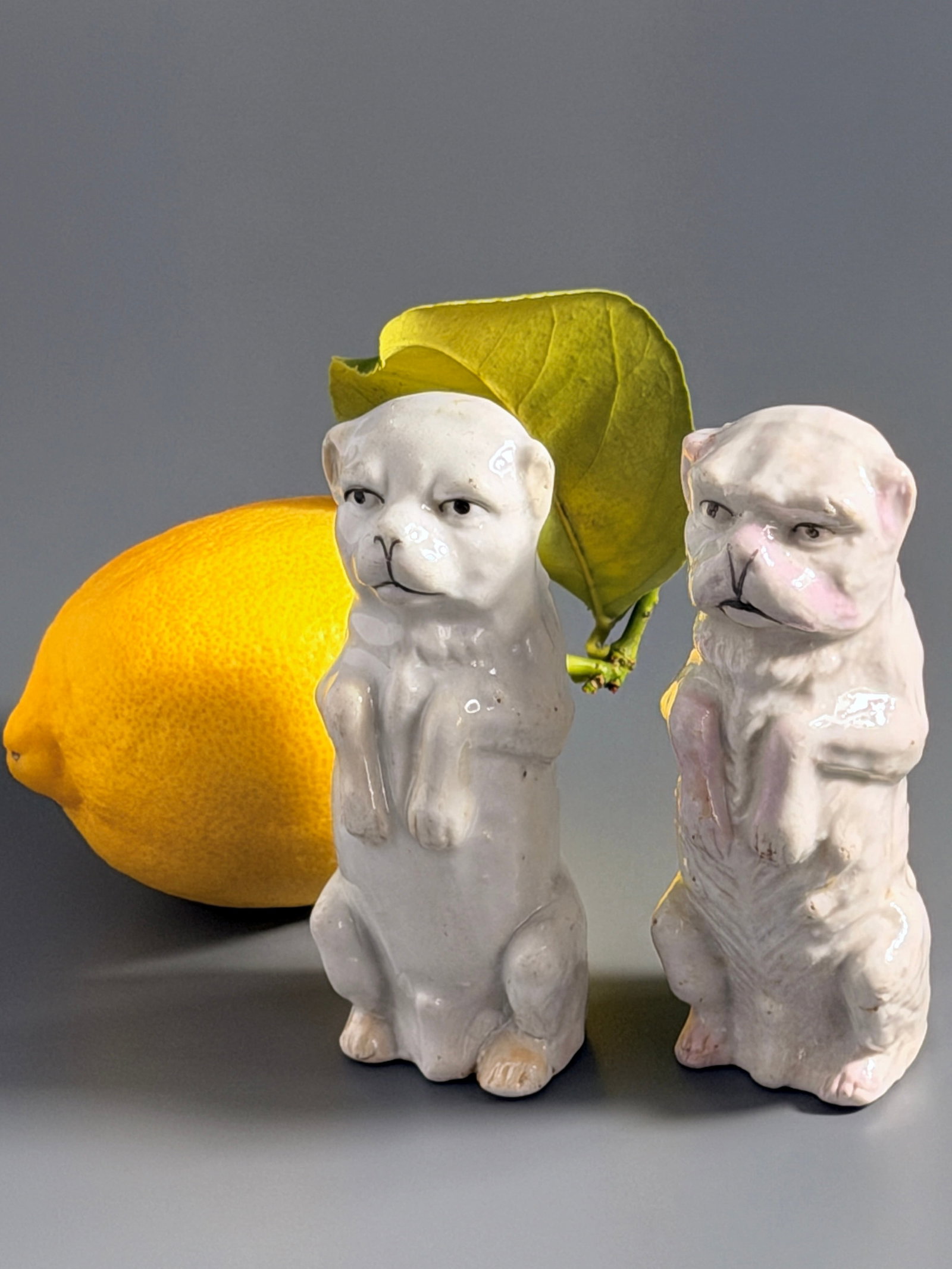 Early Staffordshire Pug Dog Pearlware Pottery Late 18th - Early 19th Century Primitive Figurines: Early Staffordshire Pug Dog Pearlware Pottery Late 18th - Early 19th Century Primitive Figurines Begging Posture Coarse Earthenware Body Hand Painted Facial Features Matching Pair Approximately 3 7/8 