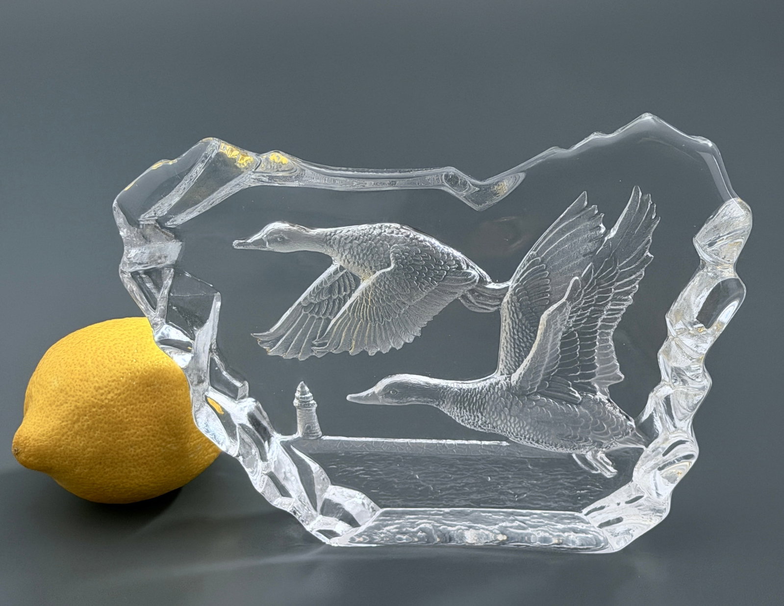 Crystal Flying Mallard Ducks Lighthouse Ice Block Wildlife Sculpture Paperweight in Style of Mats (1 of 5)