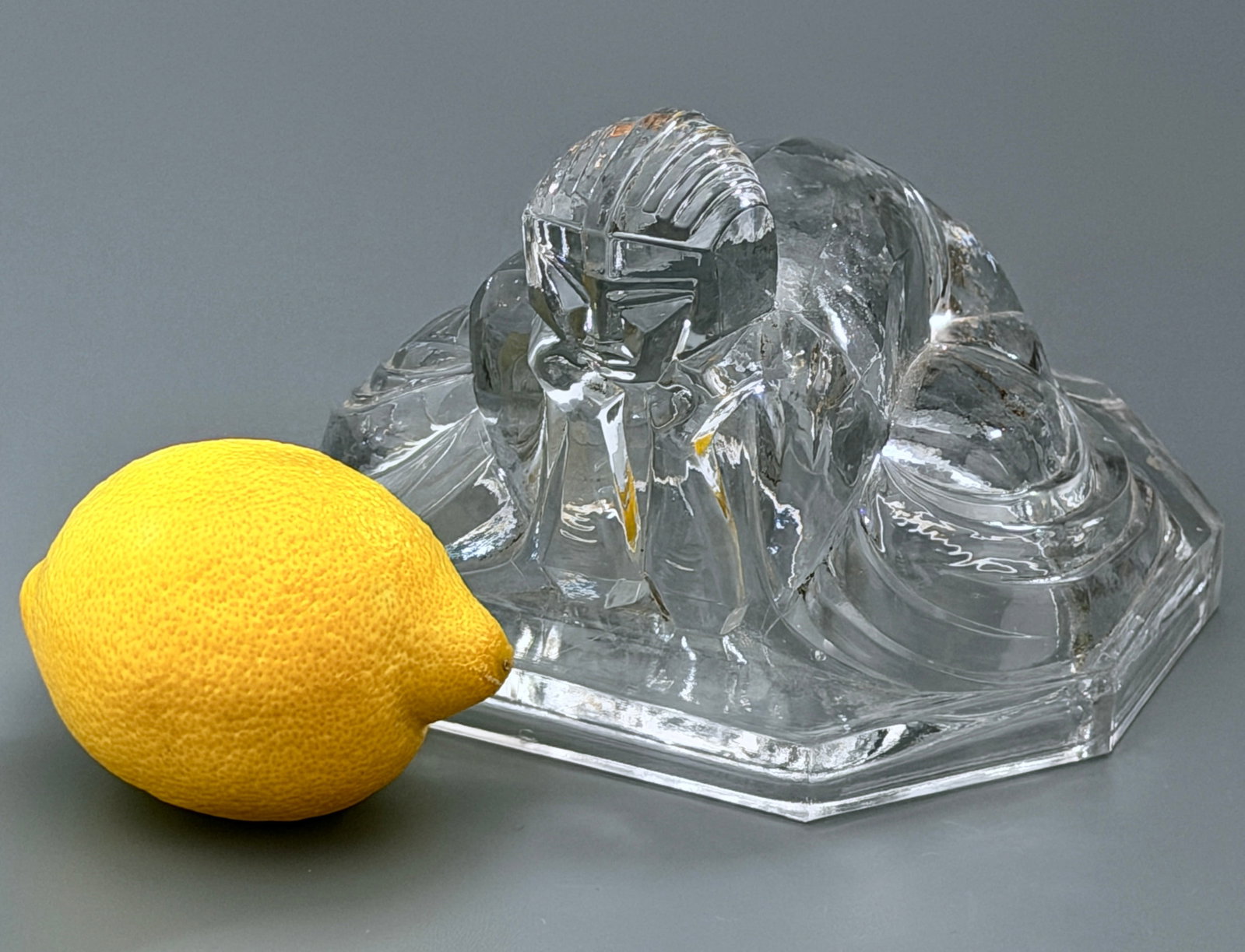 Art Deco Figural Paperweight Le Penseu Sphinx Vintage Cubist Desk Sculpture Stylized Abstract Clear: Art Deco Figural Paperweight Le Penseu Sphinx Vintage Cubist Desk Sculpture Stylized Abstract Clear Glass Crouching Figure Approximately 5 1/4 x 5 3/4 x 4 3/8 inches tall.