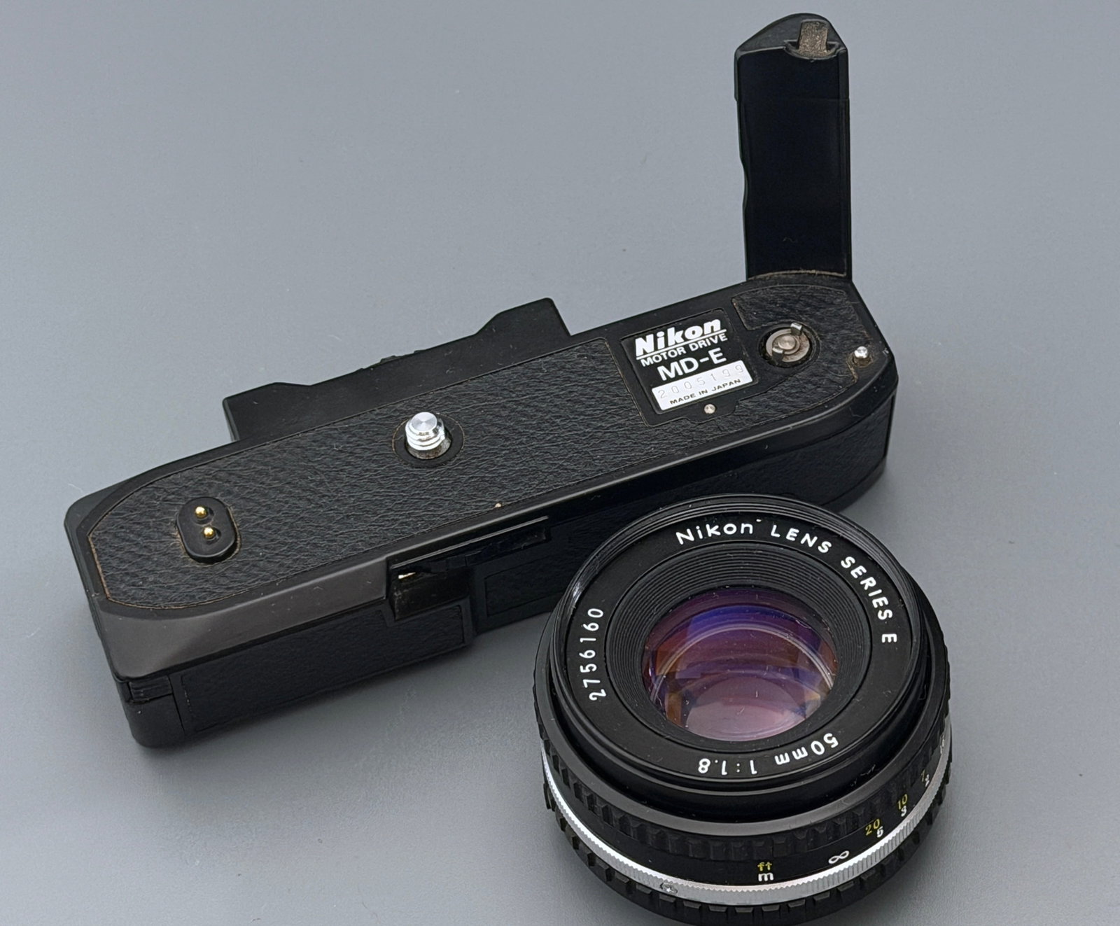 Nikon Series E 50mm f1.8 Pancake Lens Serial 2756160 and Nikon MD-E Motor Drive Lot for EM FG Film (1 of 5)