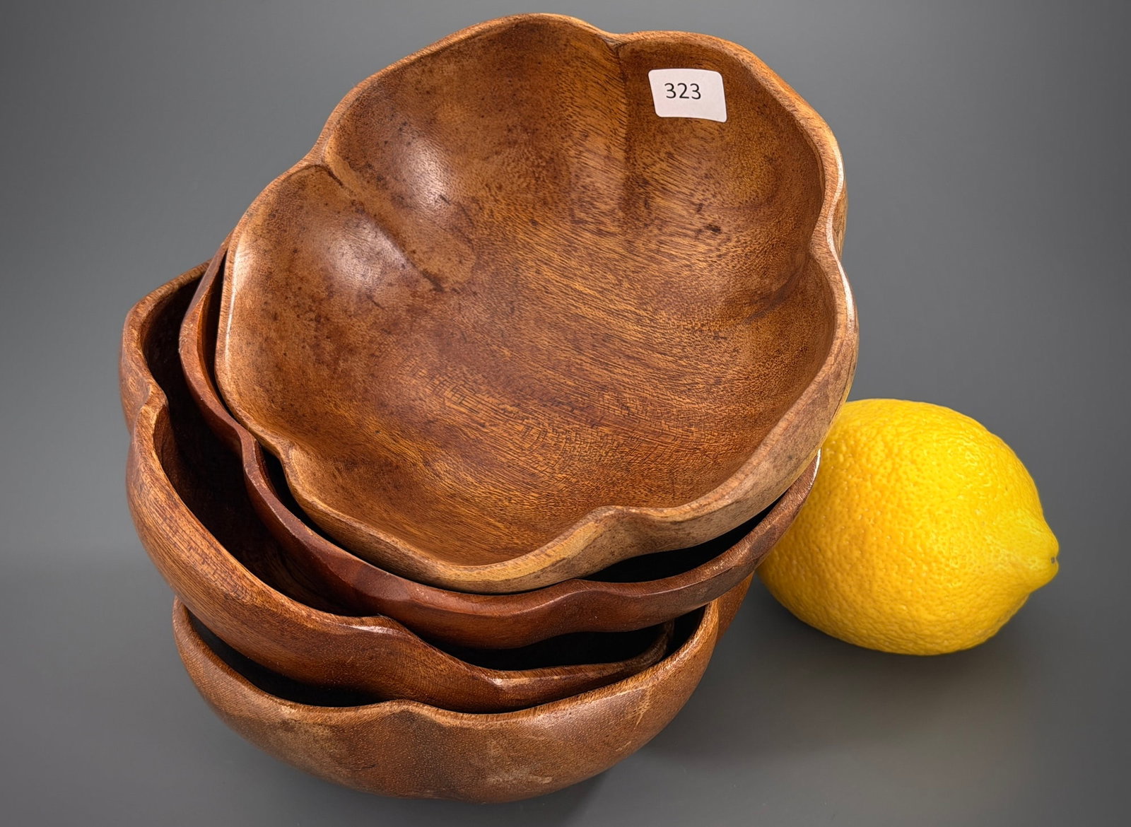 Vintage Hawaii Mid Century Modern Monkey Pod Wood Bowls Scalloped Flower Organic Nature Design Set: Vintage Hawaii Mid Century Modern Monkey Pod Wood Bowls Scalloped Flower Organic Nature Design Set of 4 Circa 1960s - 1970s Approximately 2 x 6 inches in diameter.