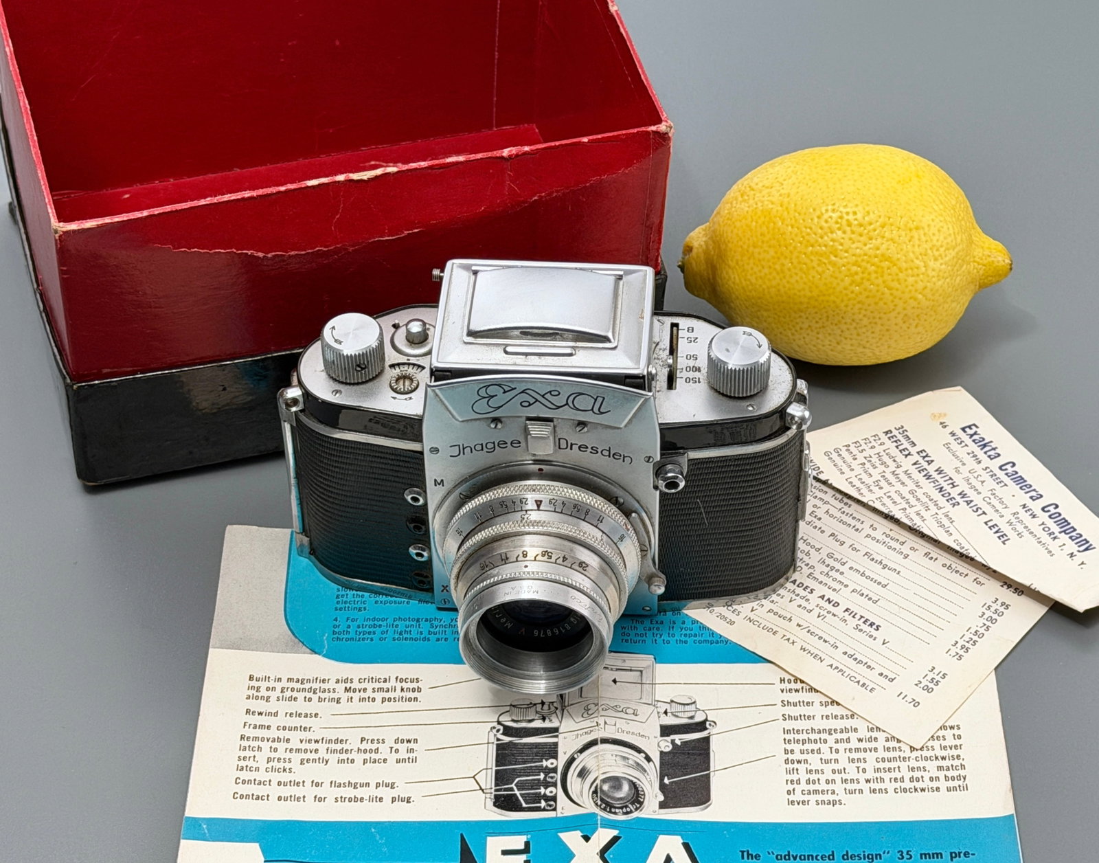 Jhagee Exa Dresden 35mm SLR Camera Meritar 50mm f2.9 Lens Waist Level Finder Case Manual Boxed: intage Jhagee Dresden Exa 35mm SLR Camera Body Version 1 System Boxed with Manual E Ludwig Meritar 50mm f2.9 Zebra Lens Waist Level Finder Germany Approximately 5 1/4 x 3 1/8 x 3 3/8 inches.