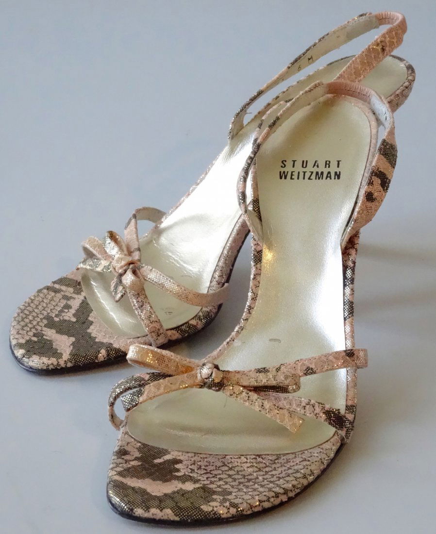 Stuart Weitzman Open Toe Bow Sandals Gold Snake Fabric: Stuart Weitzman Open Toe Bow Sandals Gold Snake Fabric Size 6M; Heel 3 7/16”.