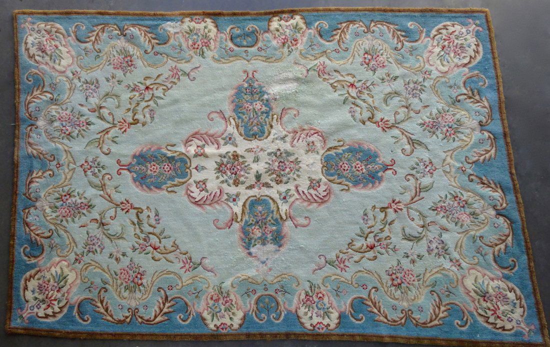 Vintage Antique Needlepoint Carpet French Rose On Blue (1 of 7)