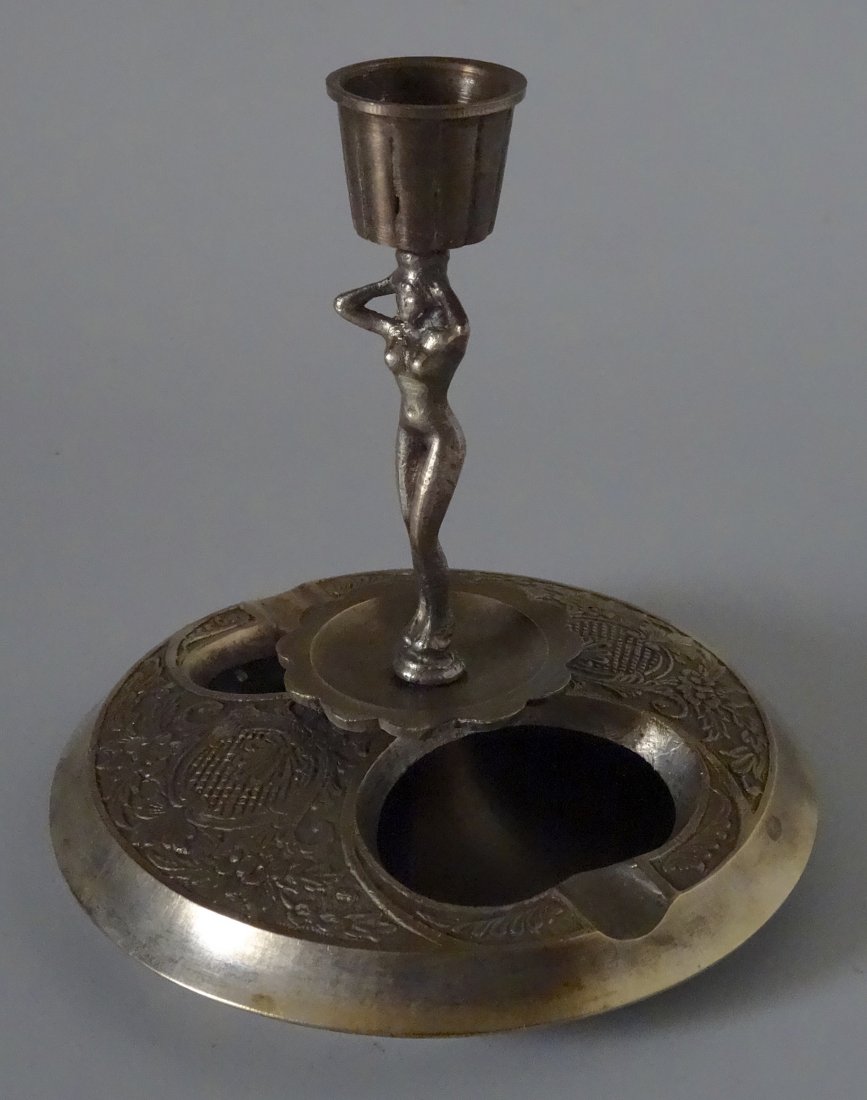 Vintage Italian Erotic Naked Maiden Figural Candlestick: Vintage Italian Erotic Naked Maiden Figural Candlestick Ashtray Ornate Brass Approximately 5 5/16â€ tall x 5 1/16â€ in diameter.