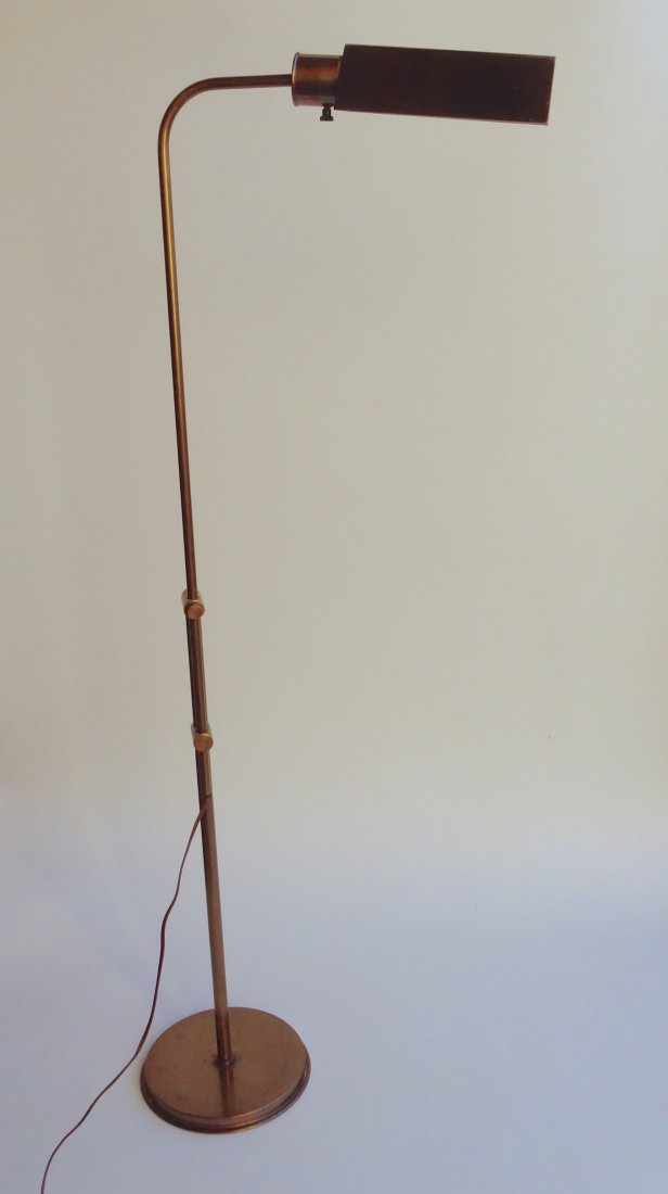 Frederick Cooper Mid Century Reading Lamp Dimmer: Frederick Cooper Mid Century Reading Lamp Dimmer Adjustable Vintage Patina Brass Pharmacy style brass floor lamp with triangular shade by Frederick Cooper, original label, dimmer on / fading /off. Adj