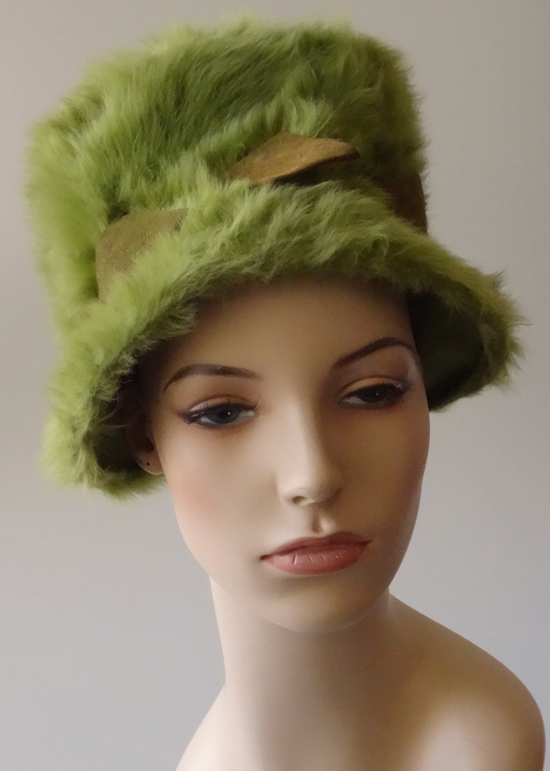 Vintage MARION VALLE Angora Hat Avocado Green 50/60s Fa (1 of 7)