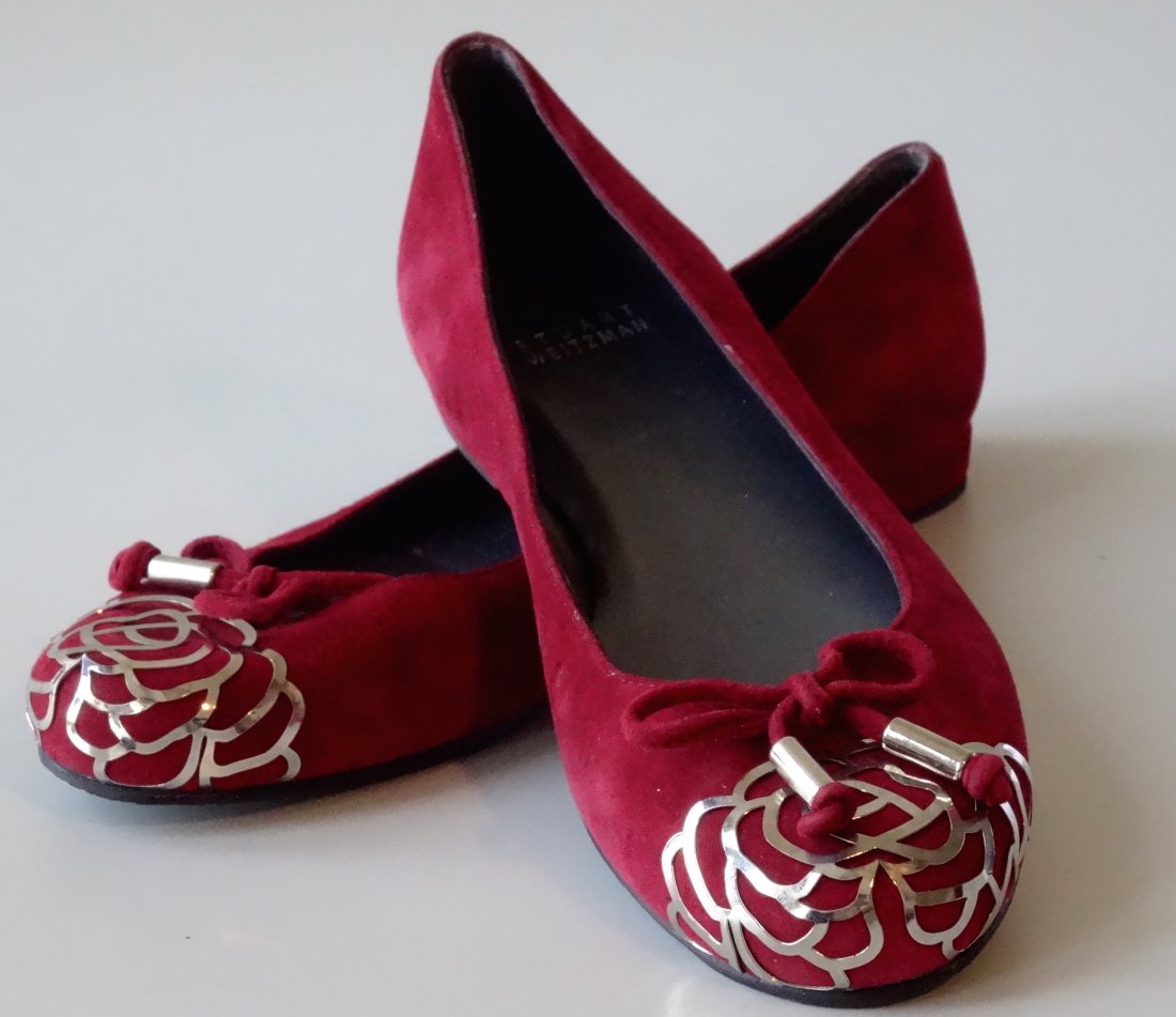 Stuart Weitzman Burgundy Suede Flats Silver Overlay: Stuart Weitzman Burgundy Suede Flats Silver Overlay Rose Flower Design Women’s Shoes Made in Spain Size 7 N; Heel ½”.