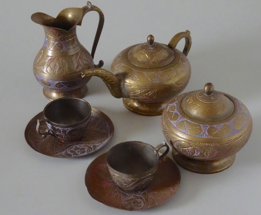 Middle Eastern Enameled Chiseled Brass Tea Set Old (1 of 8)