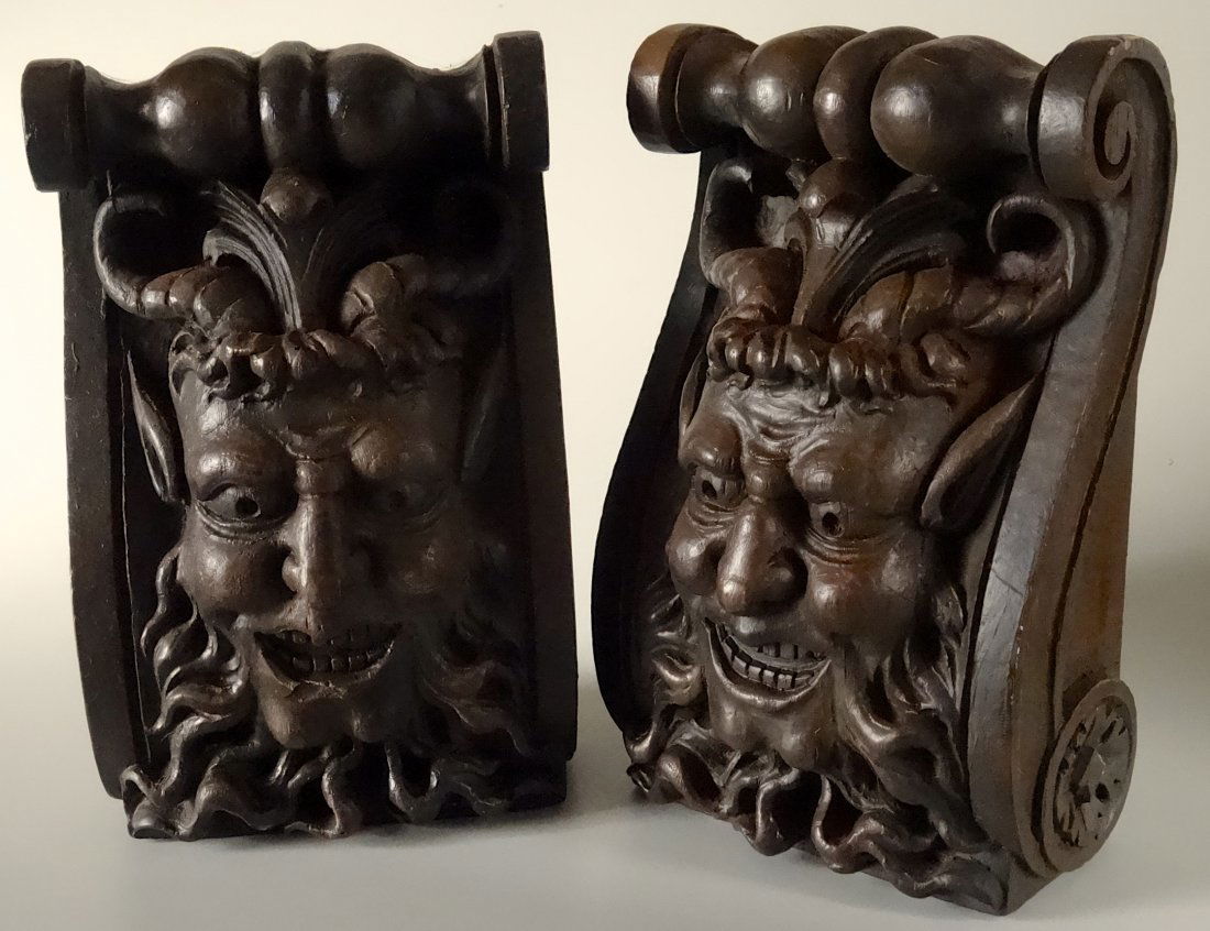 Pan Goat Horns Devil Mask Corbels Pair Vintage Brackets (1 of 6)
