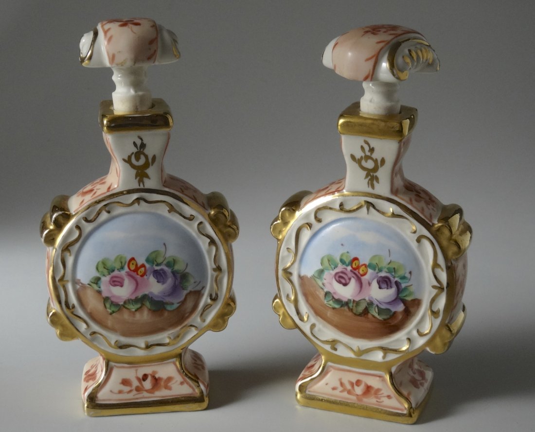 Old Paris Vanity Hand Painted Perfume Flask Bottle Pair: Old Paris Vanity Hand Painted Perfume Flask Bottle Pair Approximately 6 3/8 inches tall x 3 1/4 x 1 1/4 inches each.