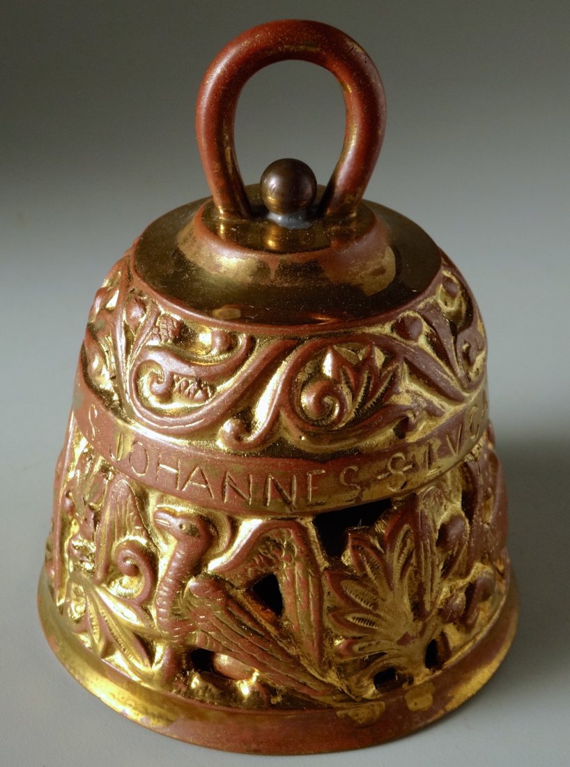 Renaissance Gilded Bronze Evangelists Bell 19 Century: Renaissance Gilded Bronze Evangelists Bell 19 Century Antique Church Mass in 16 Century Style Approximately 4 1/8 x 3 1/4 inches in diameter.