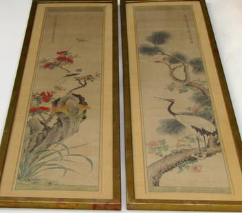 Chinese Scroll Calligraphy Signed Birds Painting Pair: Chinese Scroll Calligraphy Signed Birds Painting Pair Framed Panels Approximately 10 5 /15 x 56 1/16 inches, 15 5/8 x 61 1/8 inches framed.