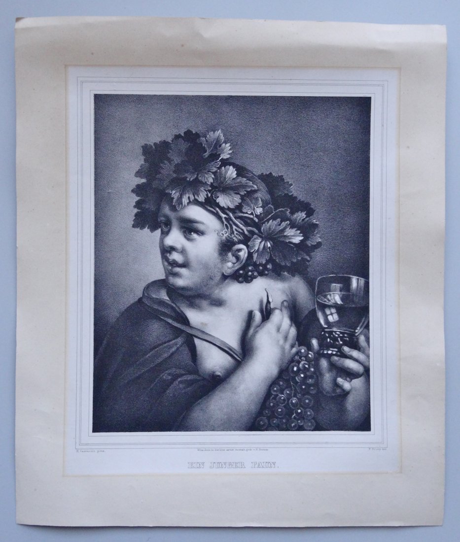 Rare Antique German Faun Engraving After The H.: Rare Antique German Faun Engraving After The H. Carraccio Painting by Ferdinand Piloty (1785-1844) titled "Ein Junger Faun". Approximately 20 7/8" x 17 12/16". Actual image is approximately 11 7/16" x
