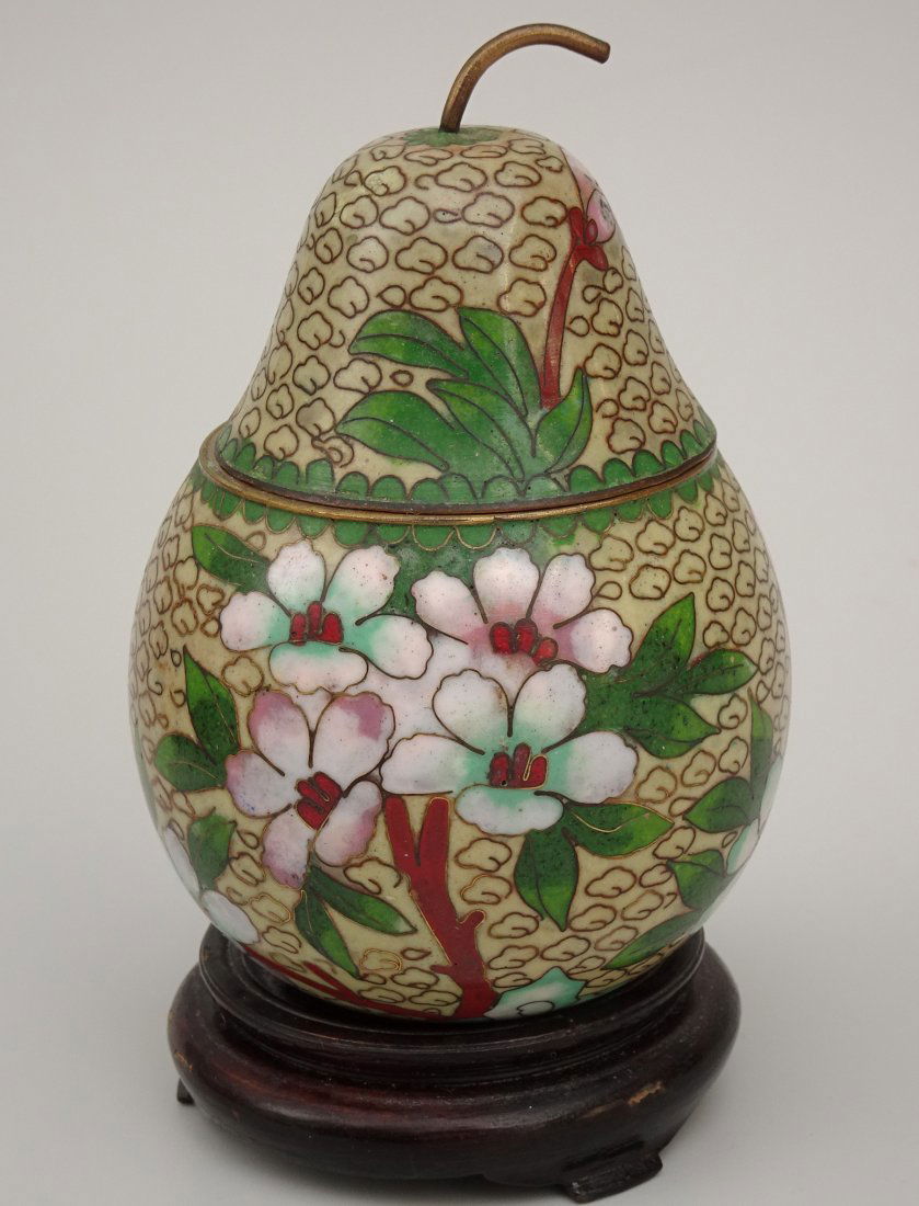 Cloisonne Enamel Pear Shaped Box on Carved Wooden Base (1 of 5)