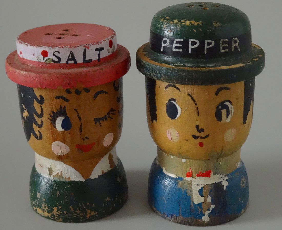 c. 1930 Turned Wood Hand Painted Salt Pepper Shakers (1 of 5)