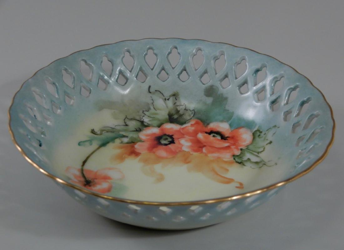 Limoges Blank Pierced Border Painted Poppy Antique Bowl: Limoges Blank Pierced Border Painted Poppy Antique Bowl c1900 Approximately 7 inches in diameter. This lot is part of the inventory from a closed antique store, which we will be auctioning during the 