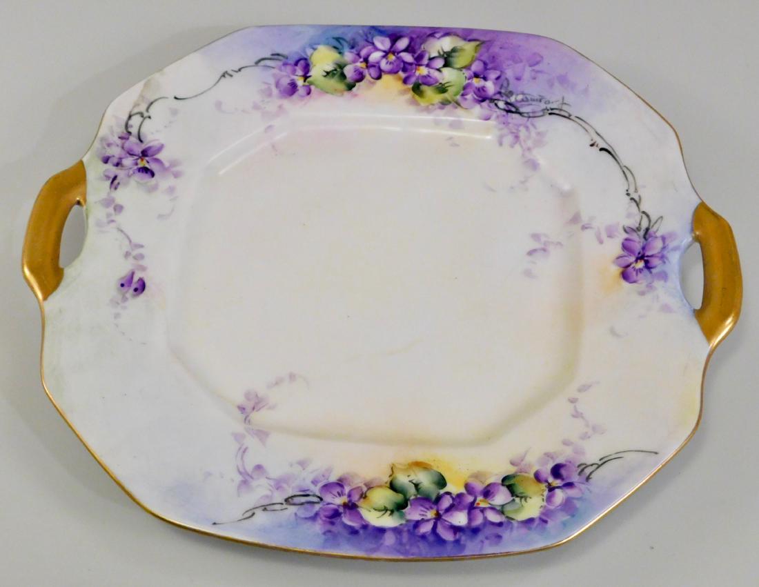 Bernardaud Limoges France B and Co Violet Painted Tray: Bernardaud Limoges France B and Co Violet Painted Tray Gilded Handles Approximately 10 Â¾ x 9 13/16 inches. This lot is part of inventory from a closed antique store, which we will be auctioning dur