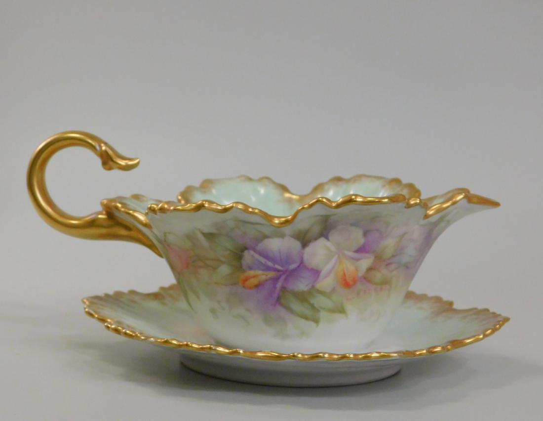 TV Limoges Porcelain Gravy Boat Tressemann & Vogt: TV Limoges Porcelain Gravy Boat Tressemann & Vogt Finely Painted and Gilded Approximately 7 3/8 x 6 9/16 x 3 Â½ inches tall. This lot is part of inventory from a closed antique store, which we will 
