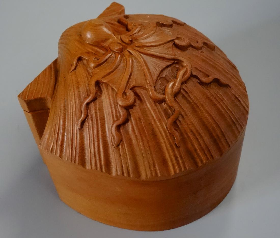 Steampunk Maritime Sailor Carved Octopus Wooden Box: Steampunk Maritime Sailor Carved Octopus Wooden Box Domed Shell Shaped Approximately 5 9/16 x 5 15/16 x 4 Â¾ inches tall.