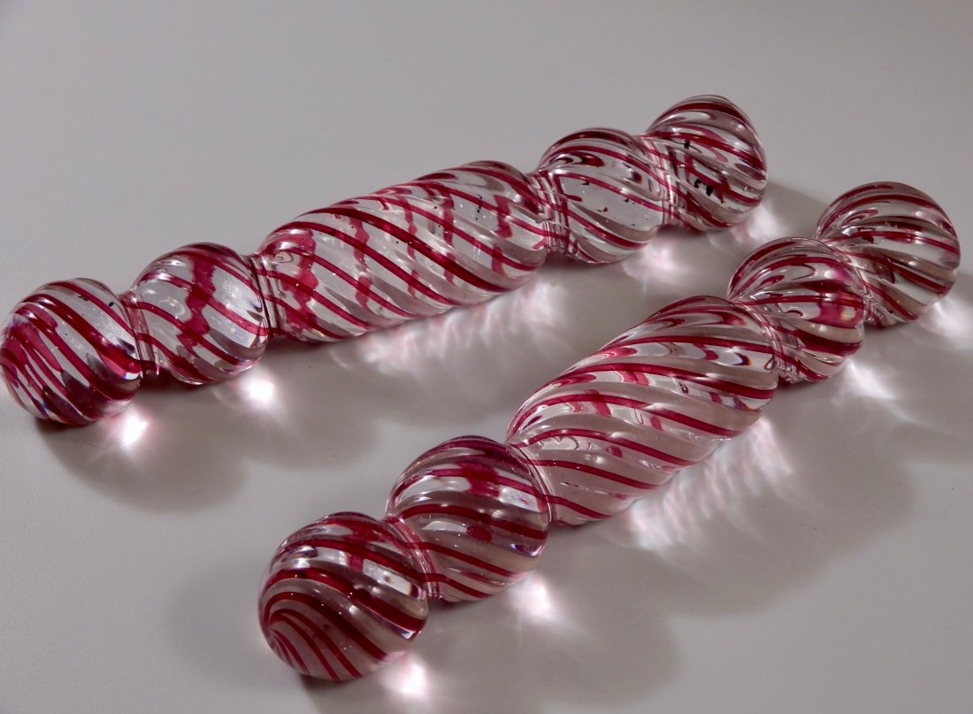 Cranberry Tread Art Glass Scroll Paperweights Pair (1 of 6)