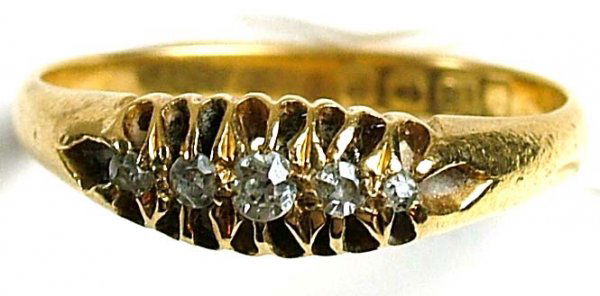 Antique five stone diamond ring: Antique five stone diamond ring, comprising old cut graduated stones in traditional setting, h/m 18ct Birmingham 1914, size P or 7.1/2 US (3.2g)