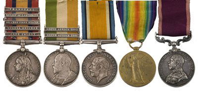 Boer War group (5): Boer War group, awarded to J. F. Maher, Border Regt., comprising QSA, with CC, Tugela Heights, OFS, Relief of Ladysmith and Transvaal bars, named 5214, Pte., 1st. Border Regt., KSA, with SA 1901 and S
