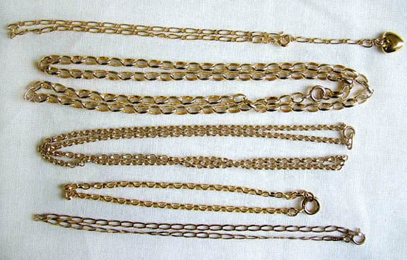 Misc. chain and bracelet: "Misc. chain and bracelet, 18" & 19" belcher link, bracelets (1) & anklets (2), stamped, tested or h/m 9ct (19.5g) (5)