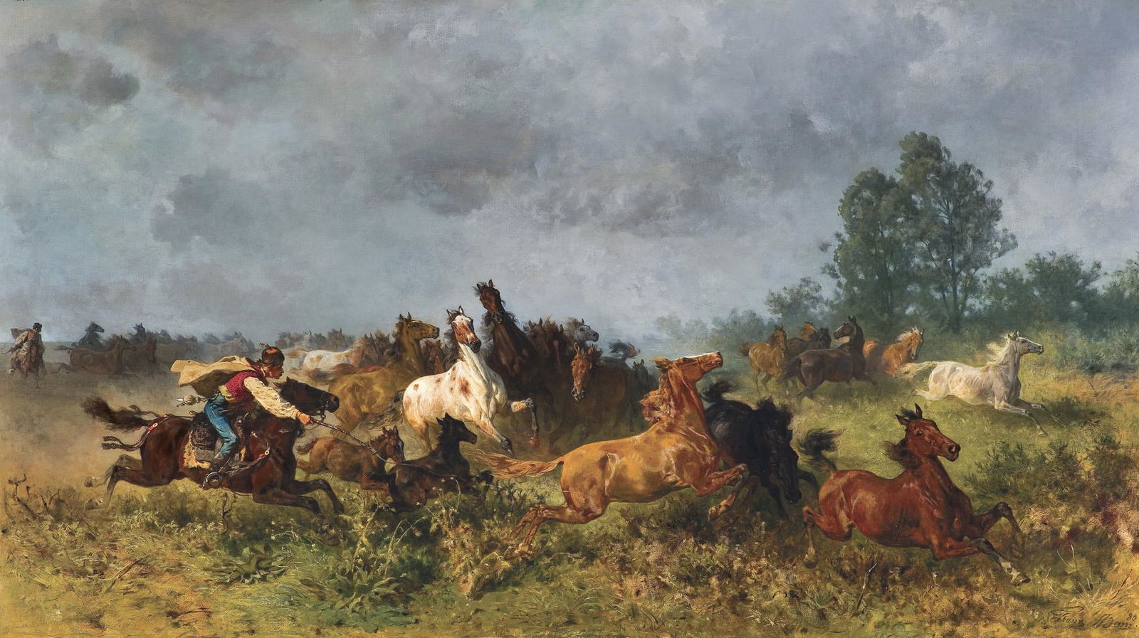 Adam Franz - HORSES IN THE WILD, 1880: Adam Franz - HORSES IN THE WILD, 1880, - 87,0 x 154,7cm - oil, canvas signed lower right: 80 | Franz Adam.