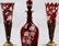 PAIR OF RUBY FLASHED GLASS GILT METAL AND MARBLE VASES