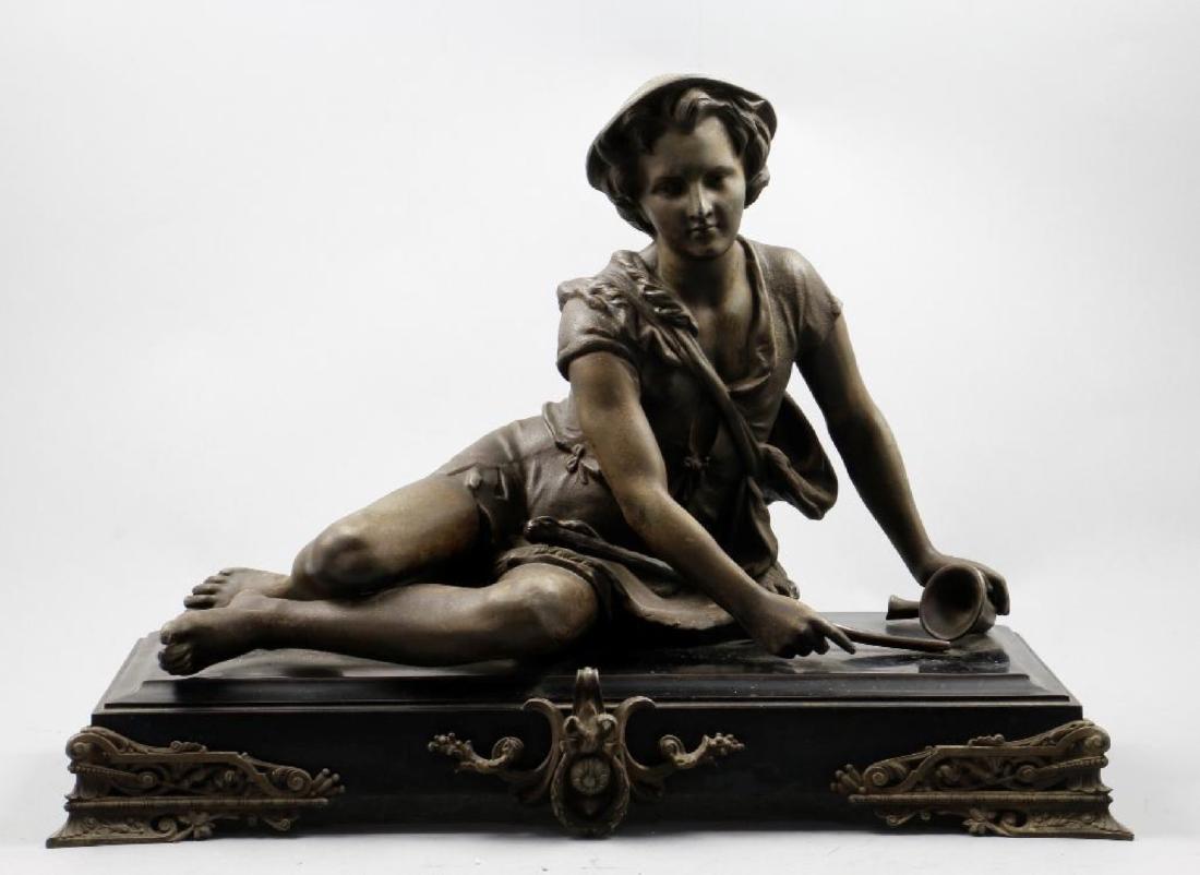 CAST SPELTER FIGURE OF A YOUNG BOY RESTING WITH A CANE (1 of 4)