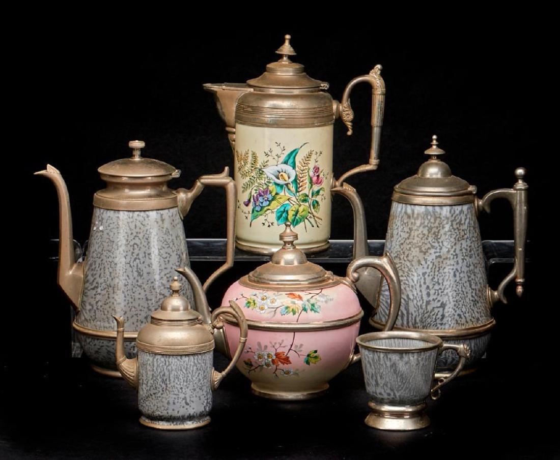 TWO ENAMEL AND PEWTER COFFEE POTS, LATE 19THC. (1 of 4)