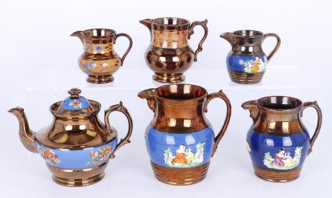 FIVE COPPER LUSTRE PITCHERS,AND A TEAPOT, 19THC. (1 of 3)